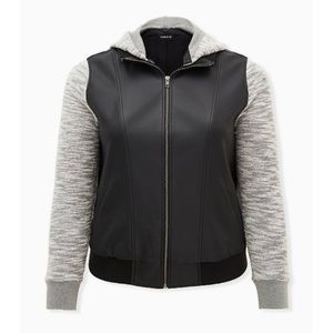 BLACK FAUX LEATHER & MARLED GREY TERRY BOMBER JACKET